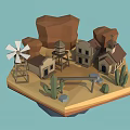 Cartoon Desert Scene with Windmill Water Tower Small Houses Church and Cactus 3d model