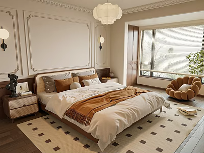Elegant Modern Bedroom Interior Design With White Bed Pillows Brown Throw Rug And Cozy Chair 3d model