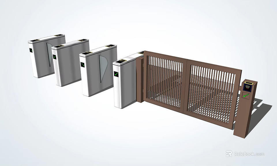Modern Public Facility With Three Silver Turnstiles And Brown Gate 3d model 