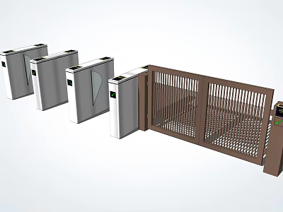 Modern Public Facility With Three Silver Turnstiles And Brown Gate 3d model