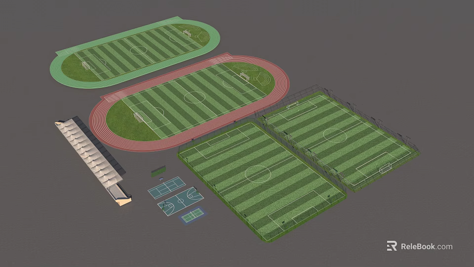 Multiple Football Fields With Running Track Green Lawn And Spectator Stands 3d model 