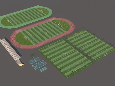 Multiple Football Fields With Running Track Green Lawn And Spectator Stands 3d model