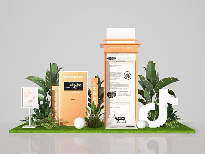 Floral Display Installation With Orange Pillars White Signage Tropical Plants And Decorative Spheres 3d model