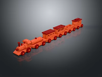 Red Wooden Toy Train With Multiple Carriages On Gray Background Showing Reflection Effect 3d model