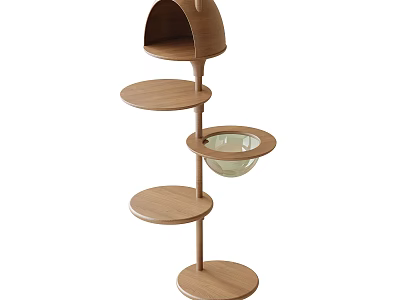 Modern Wooden Multi Level Cat Tree With Top Perch And Transparent Bowl 3d model