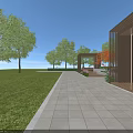 Modern Outdoor Pergola Design With Wooden Frame Green Trees And Lawn Benches
