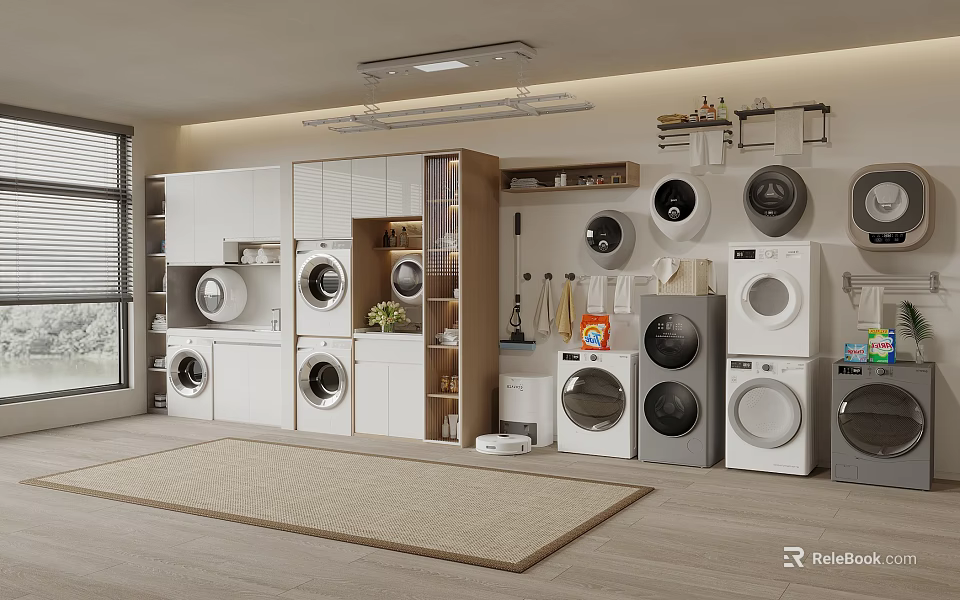 White and Gray Washing Machines in Modern Laundry Room with Storage Cabinets 3d model 