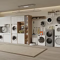 White and Gray Washing Machines in Modern Laundry Room with Storage Cabinets