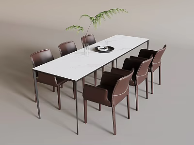Modern Dining Table Set with White Marble Top and Dark Brown Chairs Tray and Plant 3d model