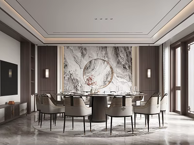 Modern Private Dining Room With Marble Feature Wall Round Table And Elegant Chairs 3d model