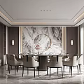 Modern Private Dining Room With Marble Feature Wall Round Table And Elegant Chairs 3d model
