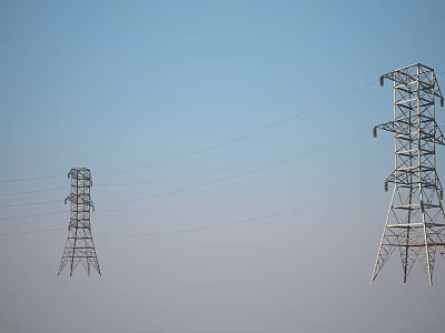 Two Industrial Electricity Transmission Towers Against Blue Sky With Mist 3d model