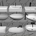 Various Shaped White Washbasins With Faucets On Grey Cracked Wall