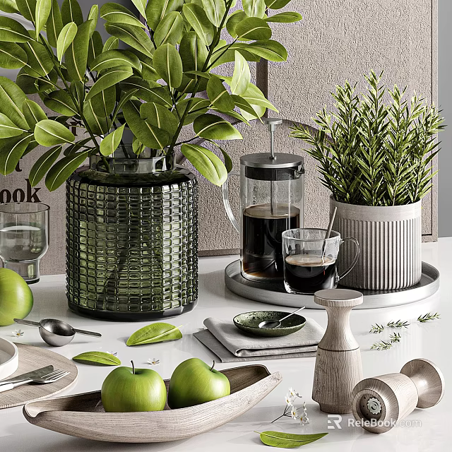 Kitchen Countertop With Cookware And Greenery Decor 3d model