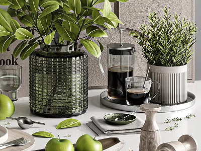 Kitchen Countertop With Cookware And Greenery Decor 3d model
