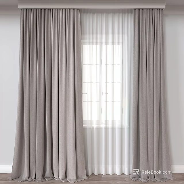 Grey Curtains With White Sheer Panels For Window In White Wall Room 3d model 