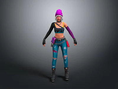 Game Movie Character Wearing Purple Beanie Black Top Blue Ripped Jeans Arm Warmers And Boots 3d model