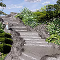 Natural Outdoor Rocky Stairs Surrounded By Lush Green Plants And Flowers