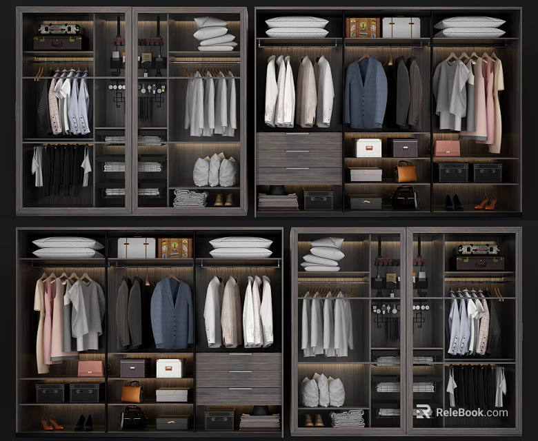 Organized Modern Closet Interior Design With Storage Solutions For Hanging Folded Clothes And Drawers 3d model 