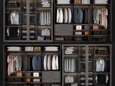 Organized Modern Closet Interior Design With Storage Solutions For Hanging Folded Clothes And Drawers 3d model