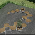 Contemporary Public Chairs Featuring Wooden Circular And Wavy Designs With Potted Plants On Gray Floor