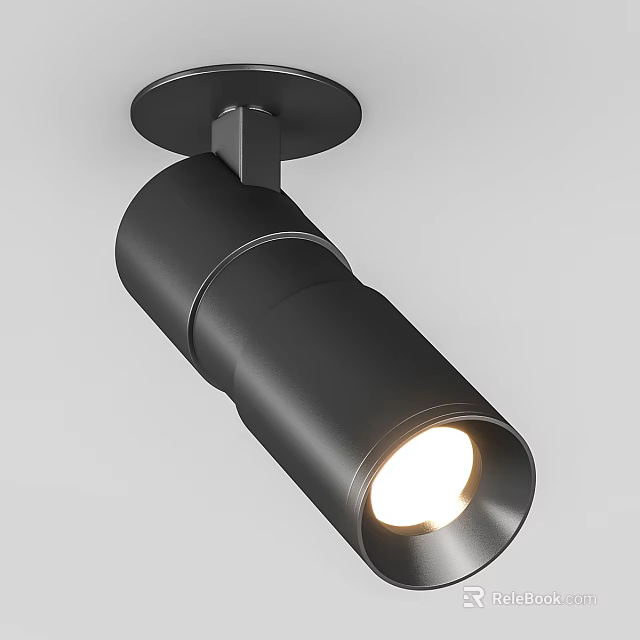 Black Cylindrical Ceiling Mounted Downlight Spotlight Illuminated with Warm Yellow Light 3d model