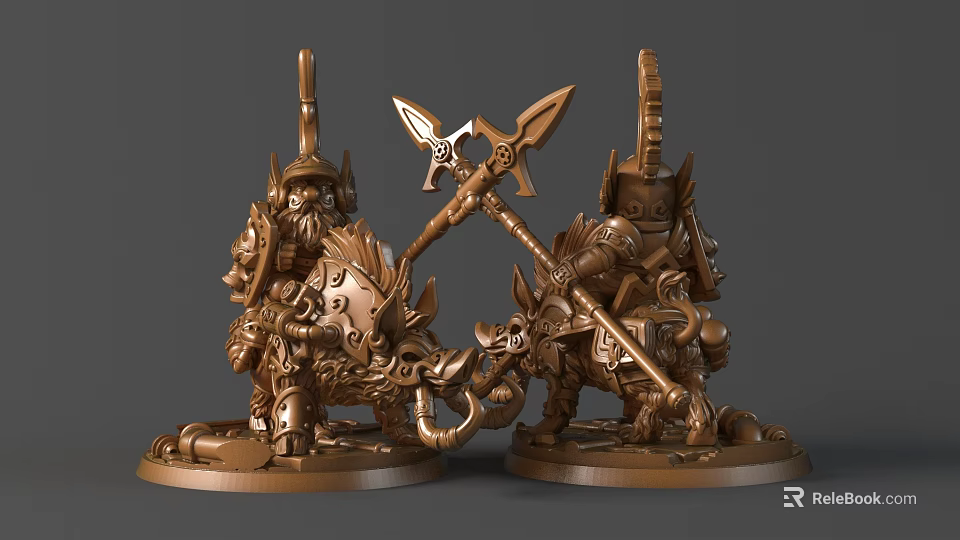 Bronze Fantasy Warrior Sculptures With Ornate Armor Axes And Sturdy Bases 3d model 