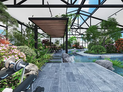 Lush Indoor Landscape With Glass Roof Wooden Awning Stone Pathway Small Pool And Rock Formations 3d model