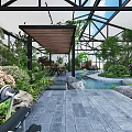 Lush Indoor Landscape With Glass Roof Wooden Awning Stone Pathway Small Pool And Rock Formations