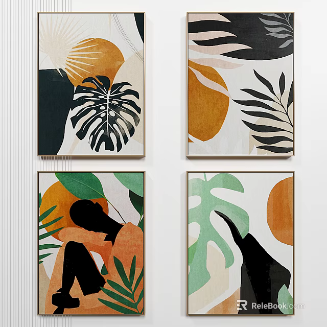 Modern Abstract Wall Art With Tropical Leaf Patterns And Vibrant Colors 3d model