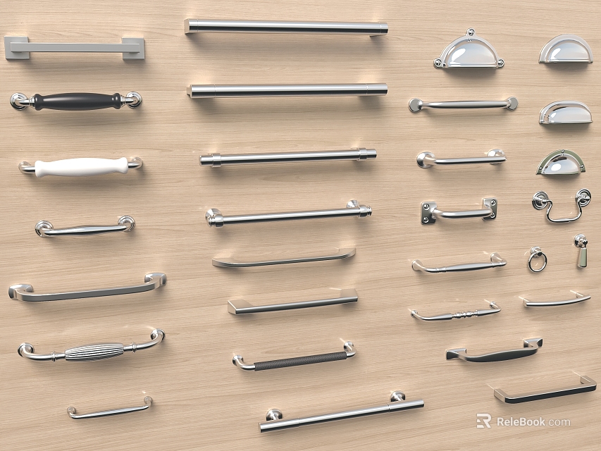 Various Modern Cabinet Handles With Different Shapes And Stainless Steel Designs On Wooden Background 3d model 