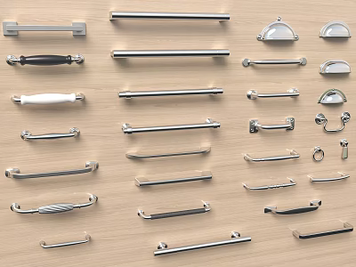 Various Modern Cabinet Handles With Different Shapes And Stainless Steel Designs On Wooden Background 3d model