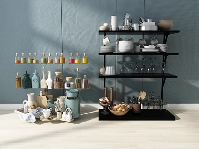 Stylish Tableware Set Display On Multi Tiered Shelf With Spice Jars And Kitchen Accessories 3d model