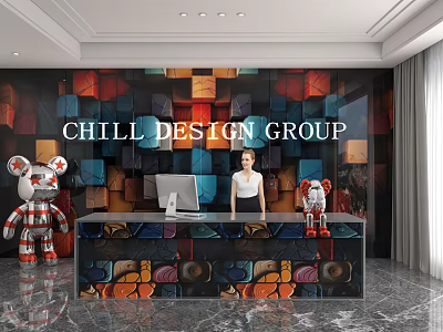 Shop Front Desk With Colorful Square Background Wall And Cartoon Bear Sculptures 3d model