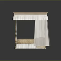 Elegant Bed With Wooden Frame Top Board Beige Mattress And White Canopy