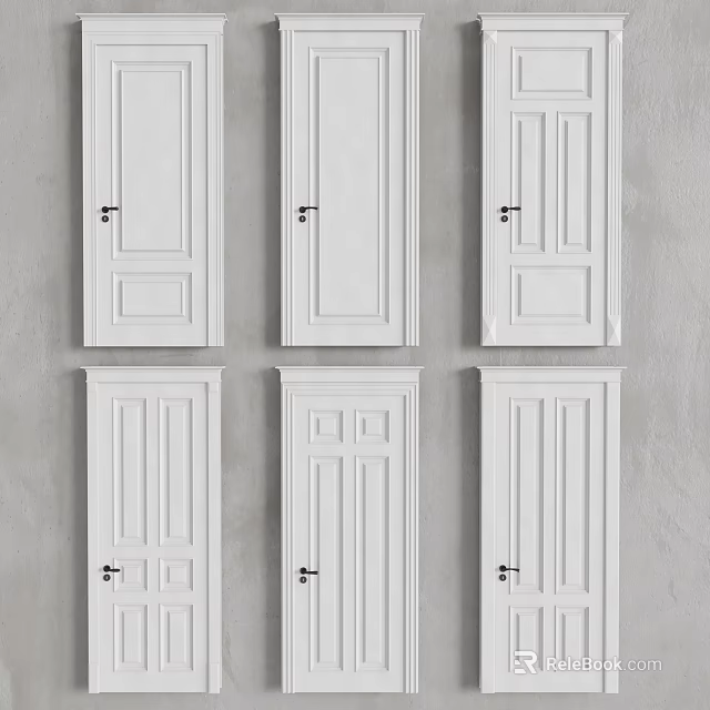 White Interior Hinged Doors With Various Panel Designs And Black Handles 3d model