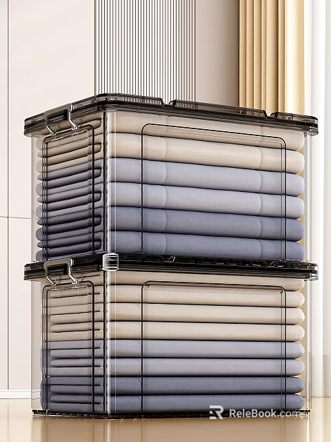Clear Plastic Stackable Storage Boxes With Neatly Folded Multicolored Fabrics 3d model 