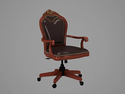 Classic Office Chair With Wooden Frame Leather Seat Backrest Golden Carving Armrests And Wheeled Base 3d model