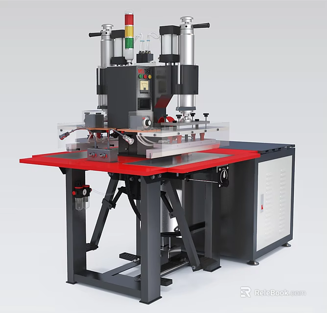 Industrial Heat Press Equipment With Red Worktable Black Dual Column And Heavy Duty Structure 3d model 