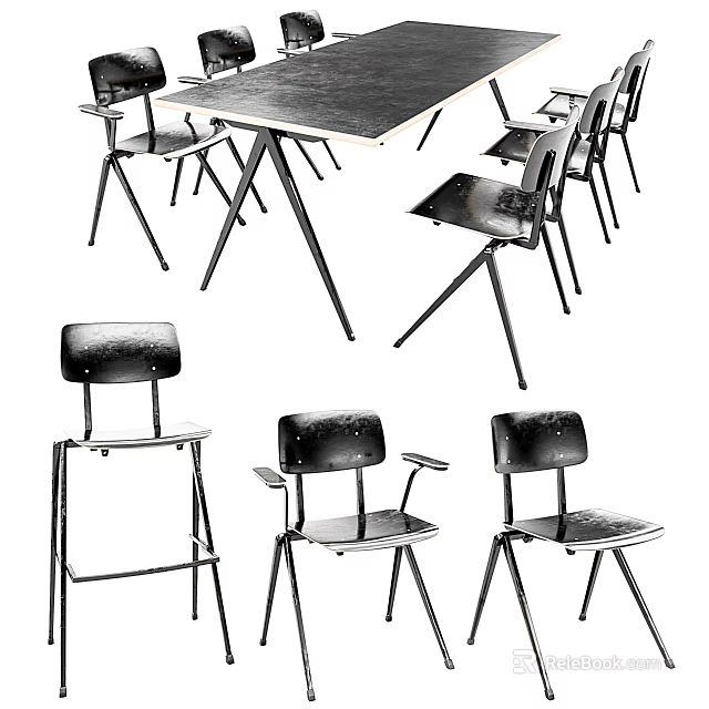Modern Dining Table Set With Metal Frame And Various Black Chairs 3d model 