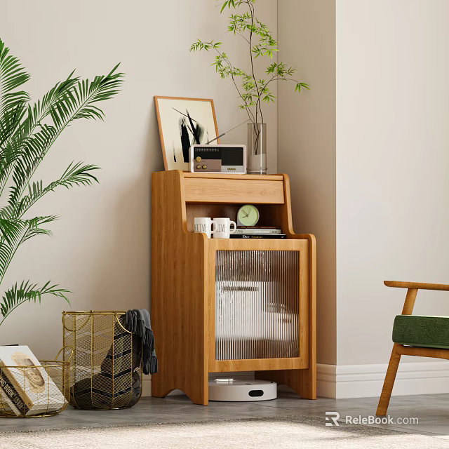 Natural Wooden Entryway Cabinet Sideboard With Storage Drawers And Decorative Green Plants 3d model 