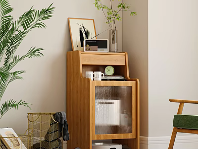 Natural Wooden Entryway Cabinet Sideboard With Storage Drawers And Decorative Green Plants 3d model