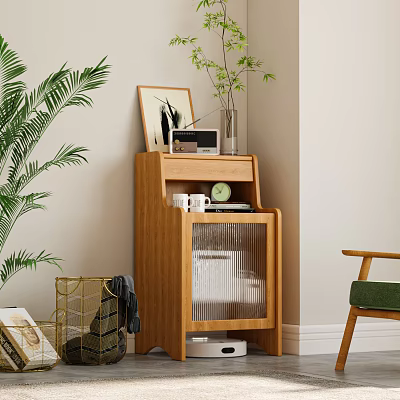 Natural Wooden Entryway Cabinet Sideboard With Storage Drawers And Decorative Green Plants 3d model