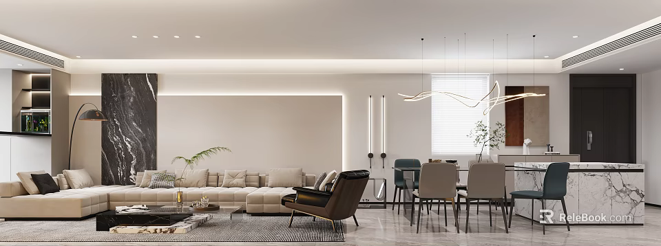 Modern Living and Dining Room Interior With Open Layout Sofa Dining Table And Pendant Lights 3d model