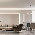 Modern Living and Dining Room Interior With Open Layout Sofa Dining Table And Pendant Lights 3d model