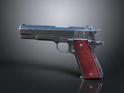 Classic Semi Automatic Pistol With Polished Metal Barrel And Red Textured Grip 3d model