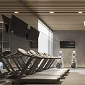 Modern Gym Interior With Treadmills Fitness Equipment Mirrors Posters And Windows