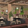 Restaurant Interior Design With Arched Windows Wooden Columns Pendant Lights And Green Plants