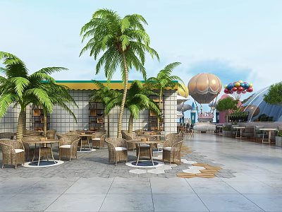 Outdoor Restaurant With Palm Trees Tables Chairs Green Plants And Decorative Hot Air Balloon 3d model