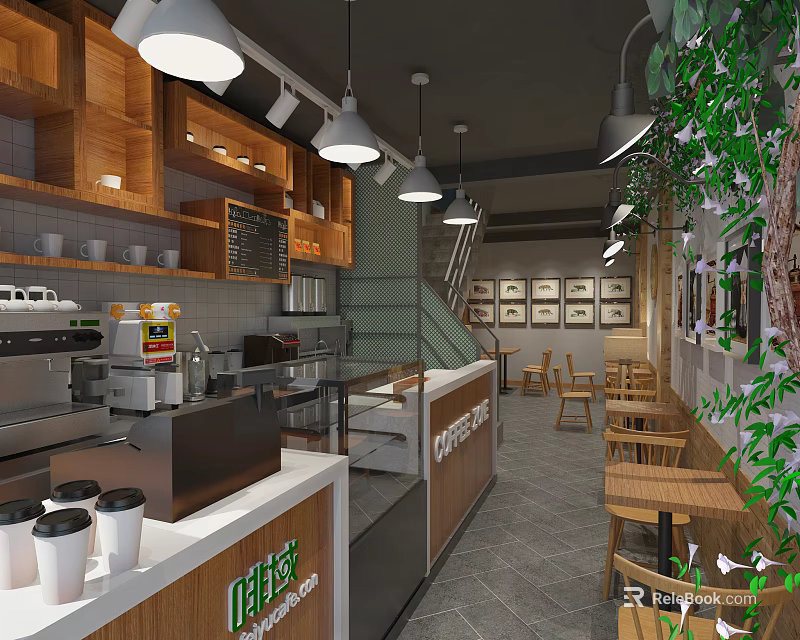 Cozy Café Interior With Wooden Cabinets Coffee Bar Counter Hanging Lights Green Plants And Tables 3d model 